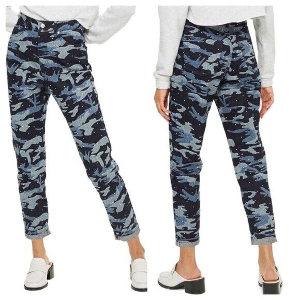 Topshop NEW Moto Mom Jeans High Waisted Jewel Studs Camo Diamante Denim Women's - Picture 4 of 17